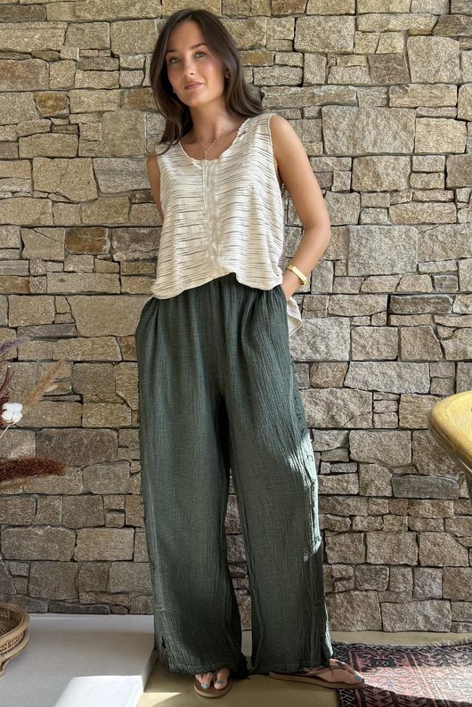Rustic Nature Bubble Cotton Split Kick Pant Washed Moss